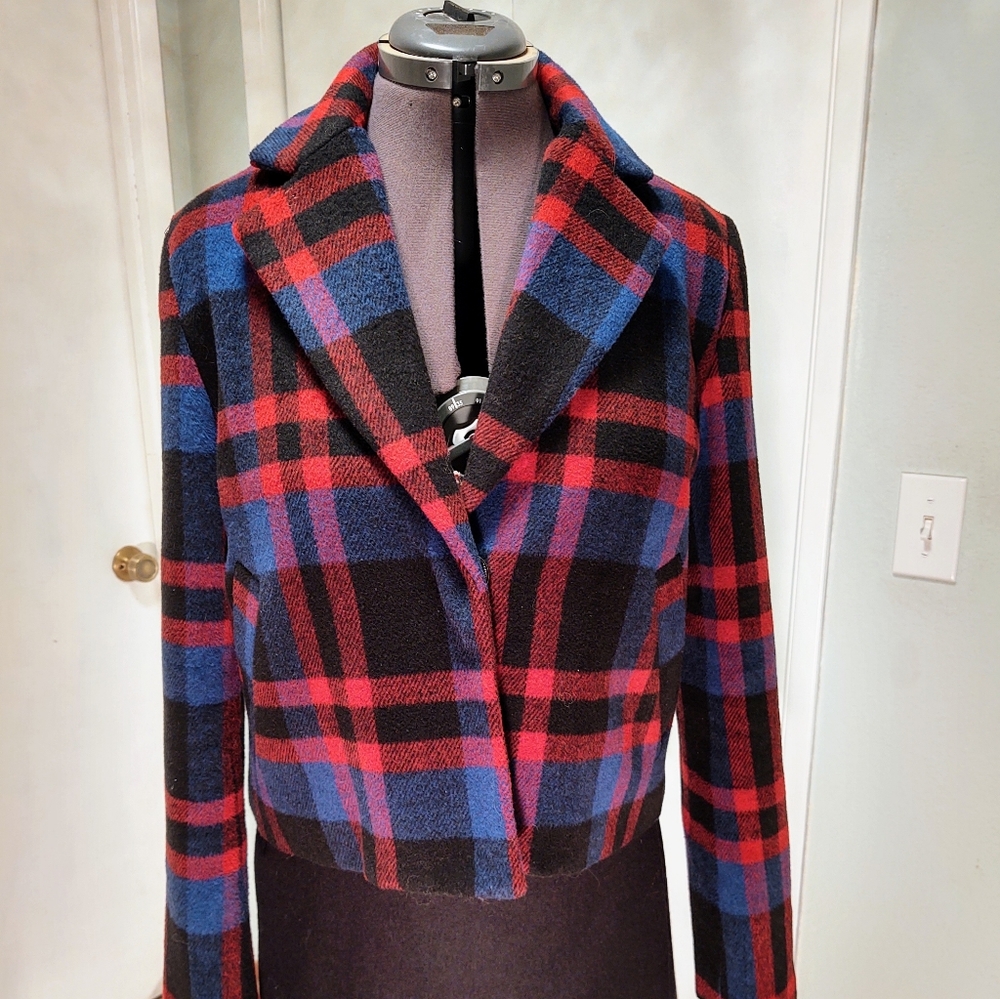 Large "Kling" blue and red plaid, women's short jacket. About size 10.